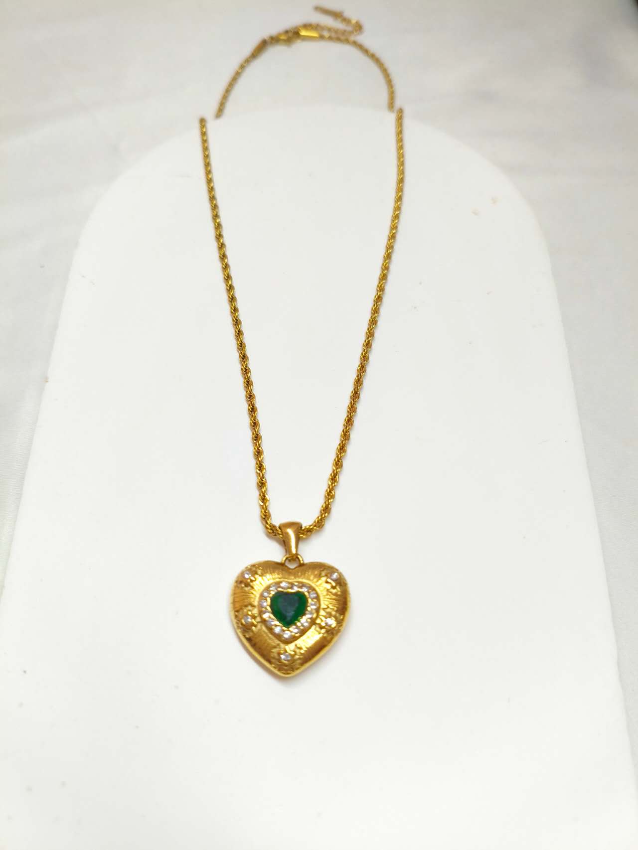 Vintage Heart Pendant Necklace Simulated Emerald CZ Halo Stainless Steel Twist Rope Chain