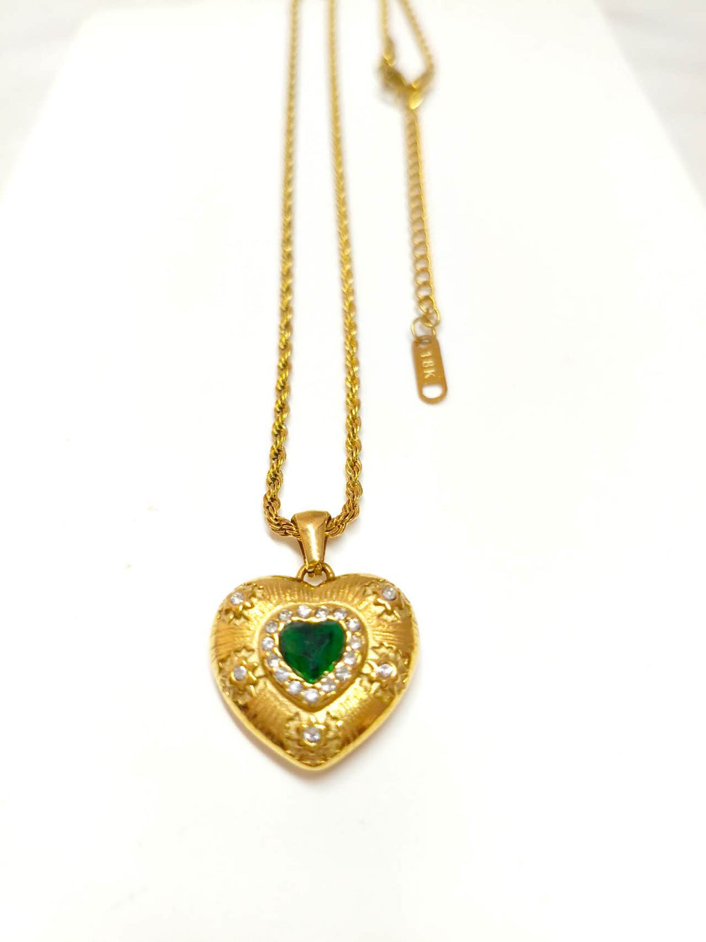 Vintage Heart Pendant Necklace Simulated Emerald CZ Halo Stainless Steel Twist Rope Chain
