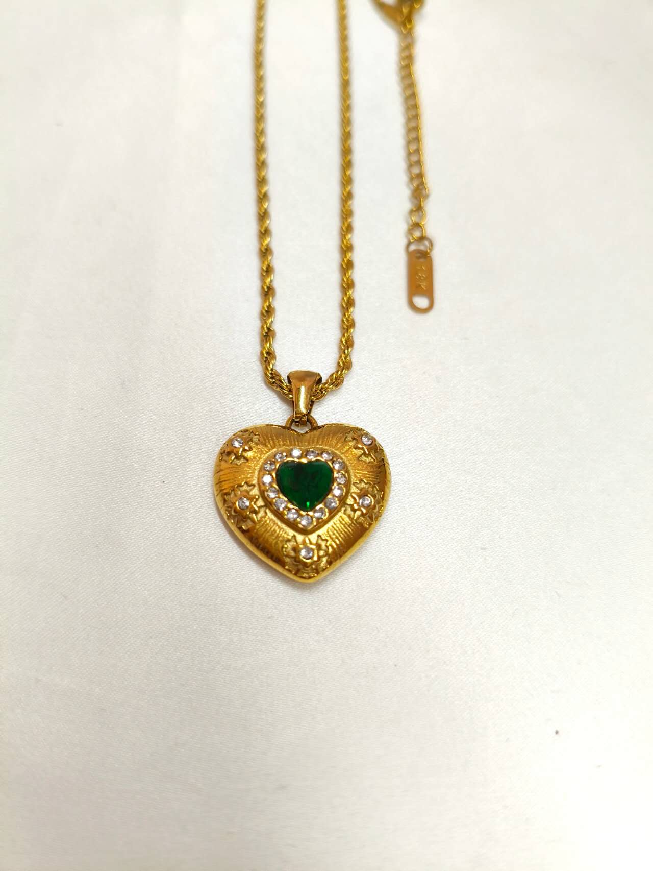 Vintage Heart Pendant Necklace Simulated Emerald CZ Halo Stainless Steel Twist Rope Chain