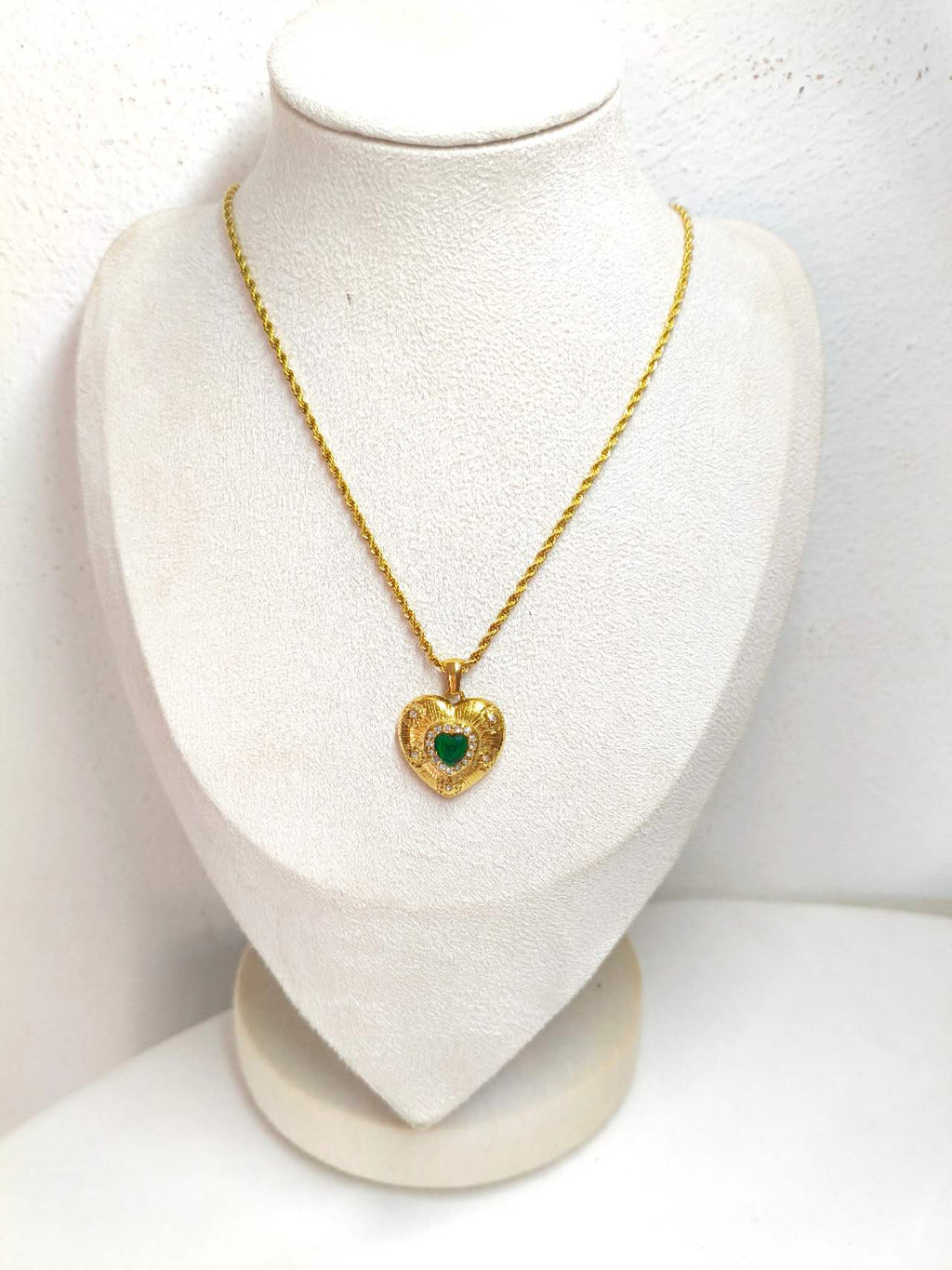 Vintage Heart Pendant Necklace Simulated Emerald CZ Halo Stainless Steel Twist Rope Chain