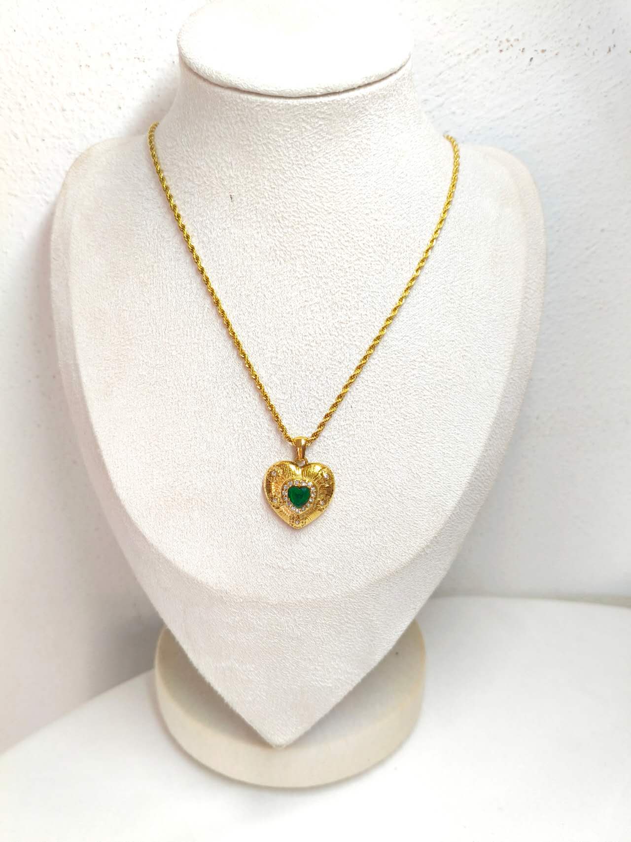 Vintage Heart Pendant Necklace Simulated Emerald CZ Halo Stainless Steel Twist Rope Chain
