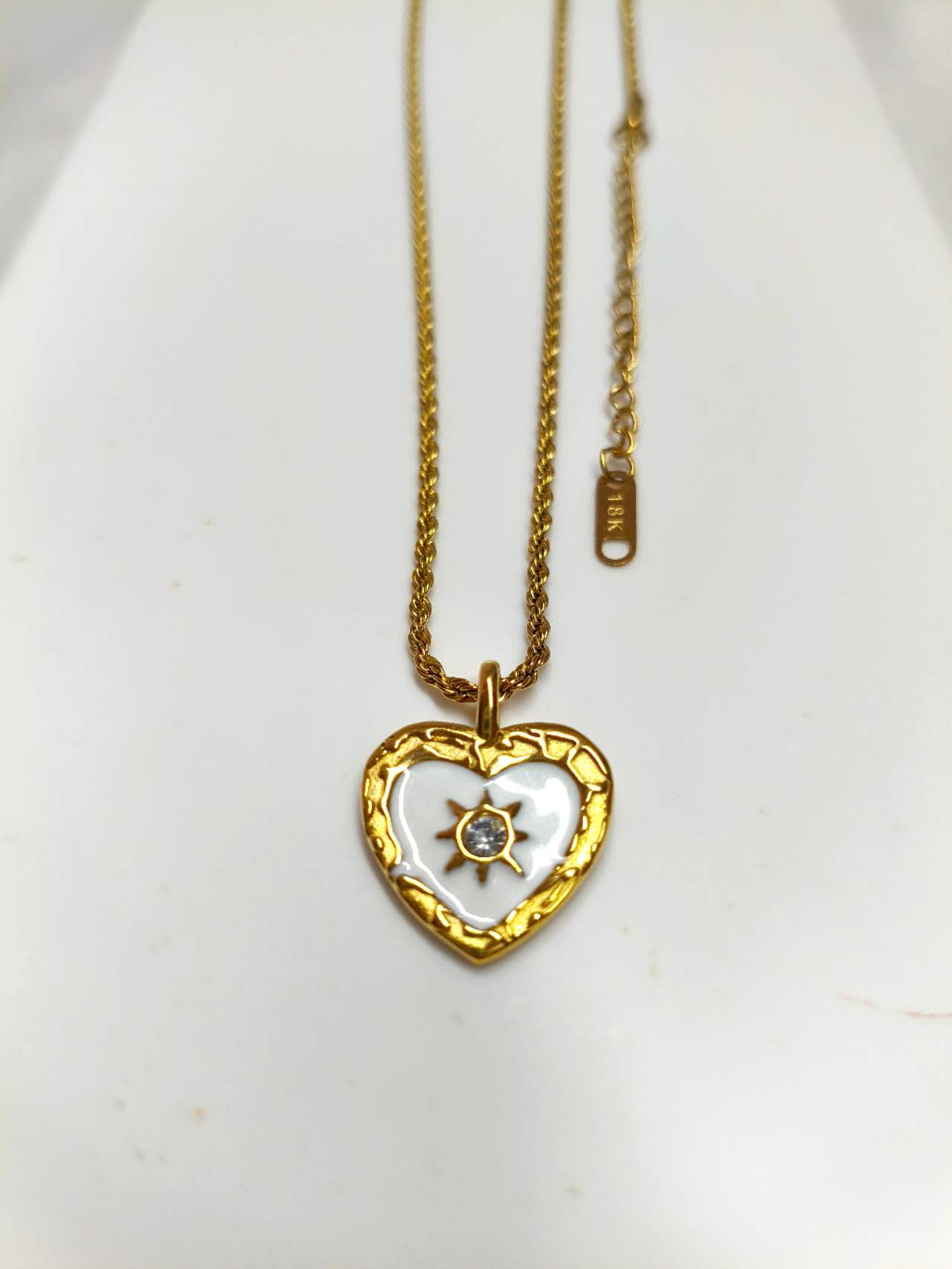 Vintage White Enamel Heart Sun Cubic Zirconia Pendant Necklace Anti-tarnish Stainless Steel Adjustable Chain