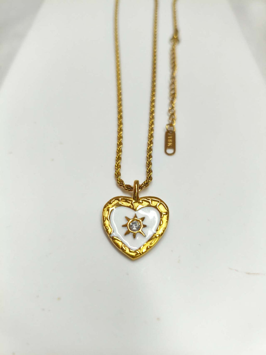 Vintage White Enamel Heart Sun Cubic Zirconia Pendant Necklace Anti-tarnish Stainless Steel Adjustable Chain
