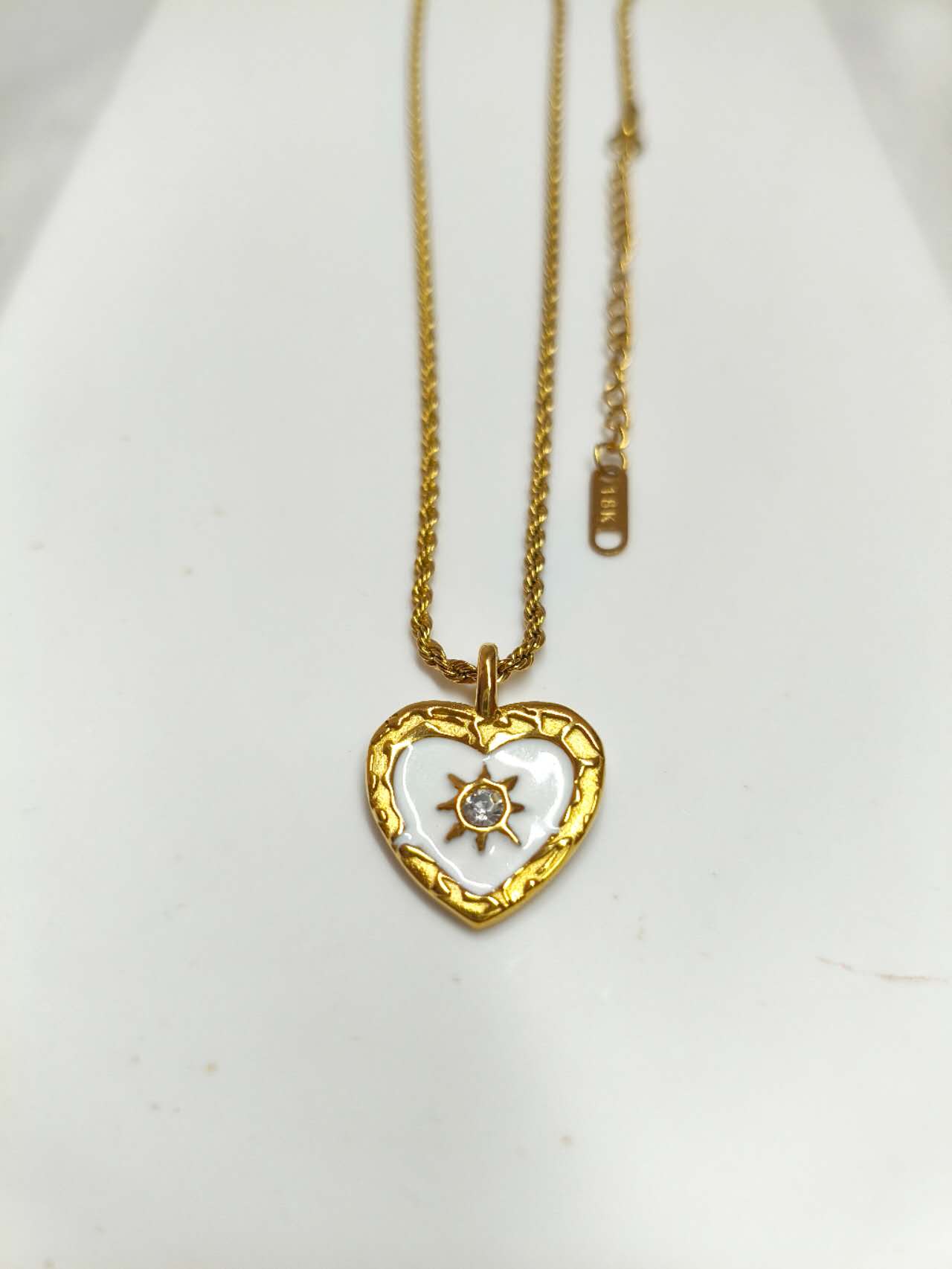 Vintage White Enamel Heart Sun Cubic Zirconia Pendant Necklace Anti-tarnish Stainless Steel Adjustable Chain