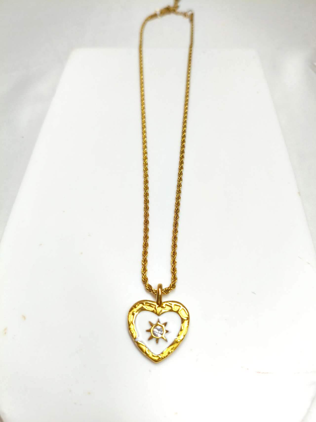 Vintage White Enamel Heart Sun Cubic Zirconia Pendant Necklace Anti-tarnish Stainless Steel Adjustable Chain
