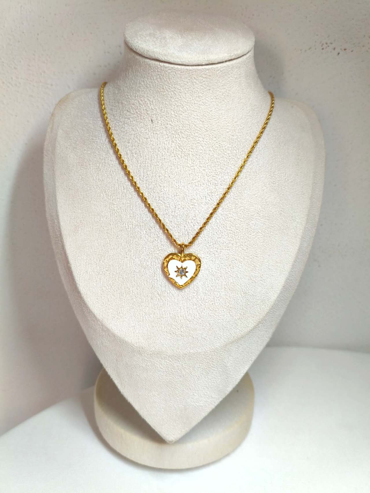 Vintage White Enamel Heart Sun Cubic Zirconia Pendant Necklace Anti-tarnish Stainless Steel Adjustable Chain