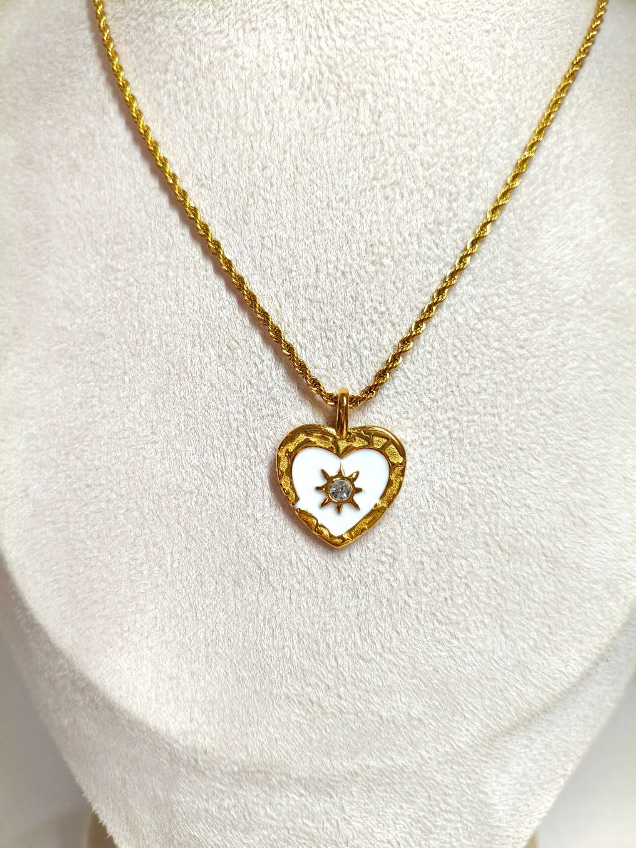 Vintage White Enamel Heart Sun Cubic Zirconia Pendant Necklace Anti-tarnish Stainless Steel Adjustable Chain
