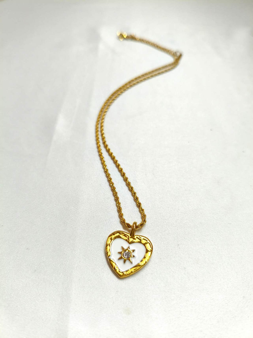 Vintage White Enamel Heart Sun Cubic Zirconia Pendant Necklace Anti-tarnish Stainless Steel Adjustable Chain