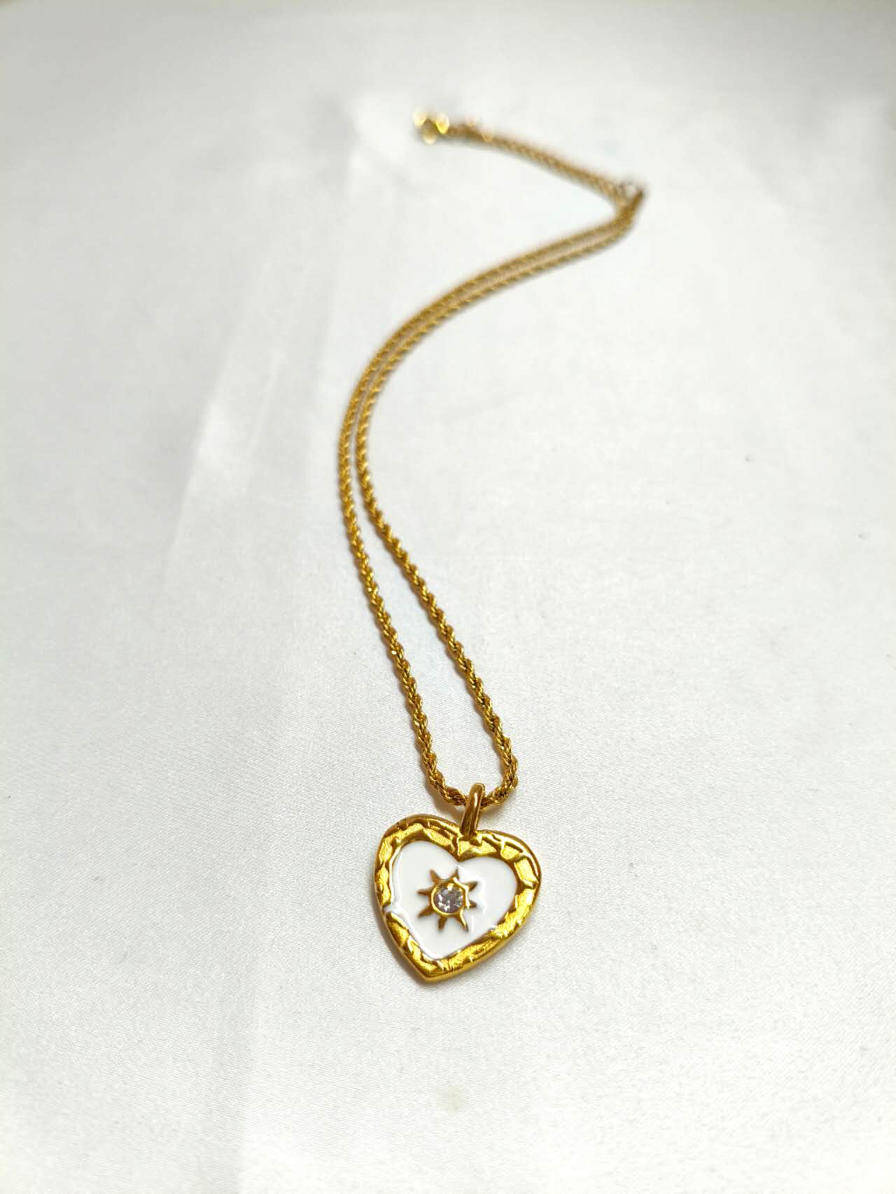 Vintage White Enamel Heart Sun Cubic Zirconia Pendant Necklace Anti-tarnish Stainless Steel Adjustable Chain