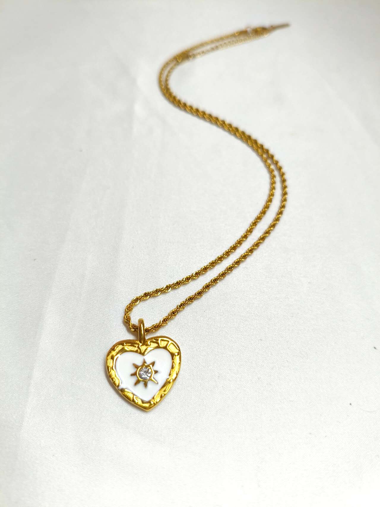 Vintage White Enamel Heart Sun Cubic Zirconia Pendant Necklace Anti-tarnish Stainless Steel Adjustable Chain