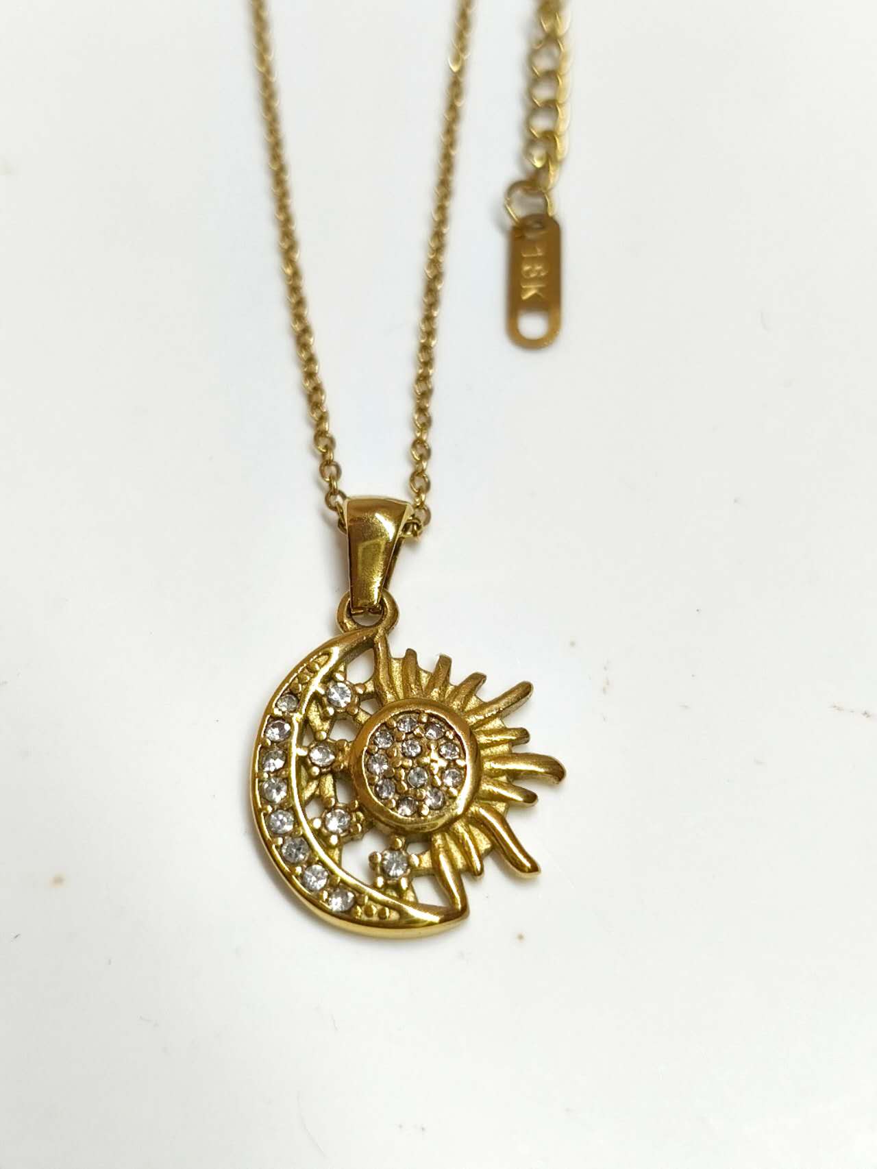 18K Gold Plated Stainless Steel Sun Moon Star Pendant Necklace Pave CZ Crystal Adjustable Chain