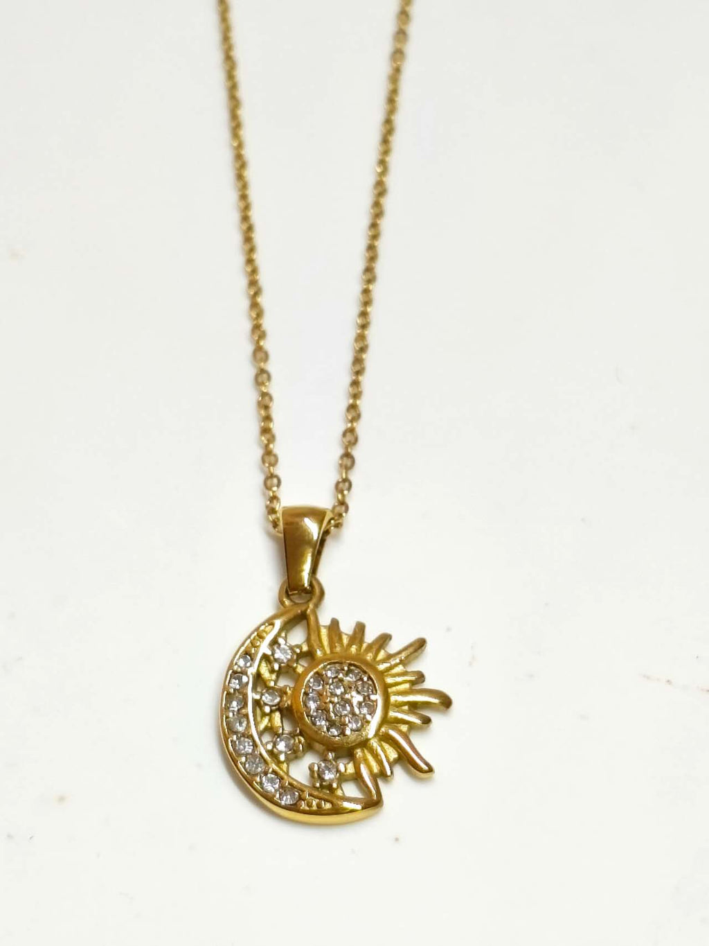18K Gold Plated Stainless Steel Sun Moon Star Pendant Necklace Pave CZ Crystal Adjustable Chain