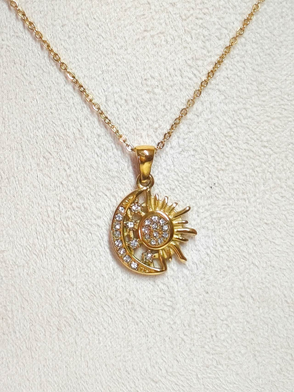 18K Gold Plated Stainless Steel Sun Moon Star Pendant Necklace Pave CZ Crystal Adjustable Chain