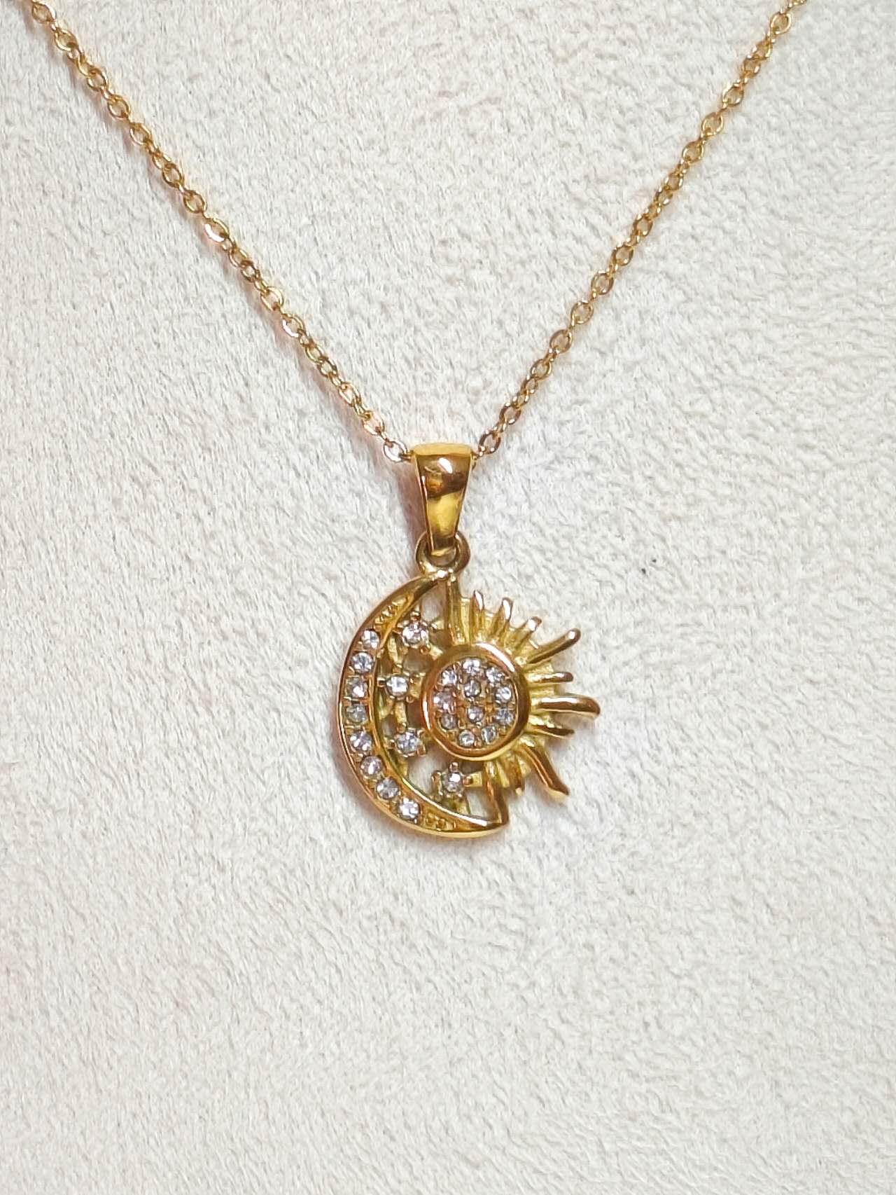 18K Gold Plated Stainless Steel Sun Moon Star Pendant Necklace Pave CZ Crystal Adjustable Chain