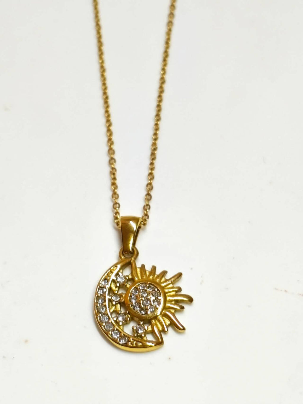 18K Gold Plated Stainless Steel Sun Moon Star Pendant Necklace Pave CZ Crystal Adjustable Chain