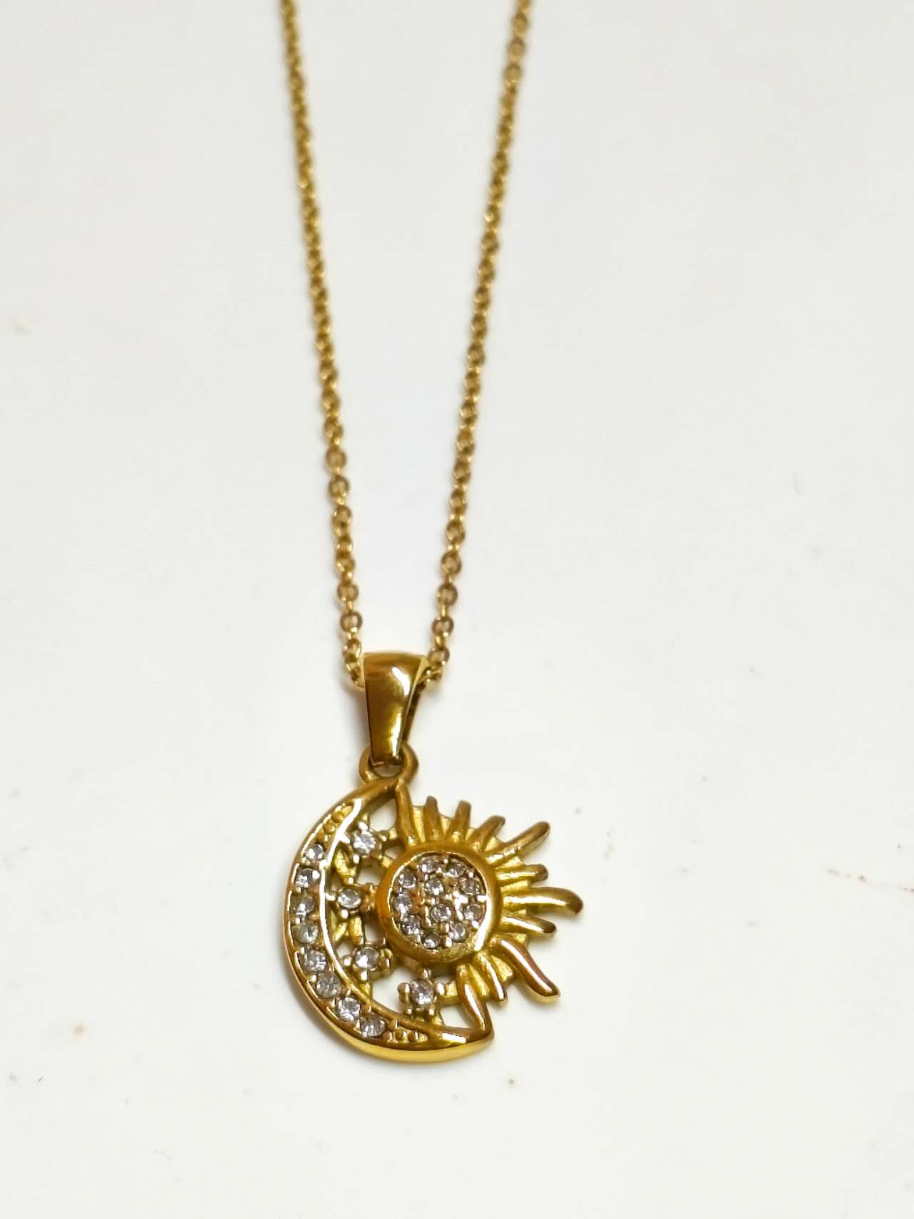 18K Gold Plated Stainless Steel Sun Moon Star Pendant Necklace Pave CZ Crystal Adjustable Chain