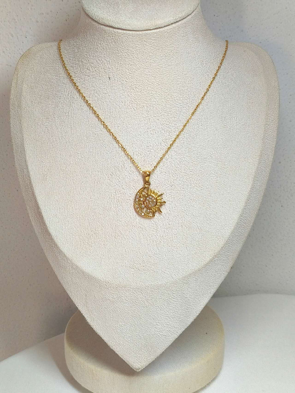 18K Gold Plated Stainless Steel Sun Moon Star Pendant Necklace Pave CZ Crystal Adjustable Chain