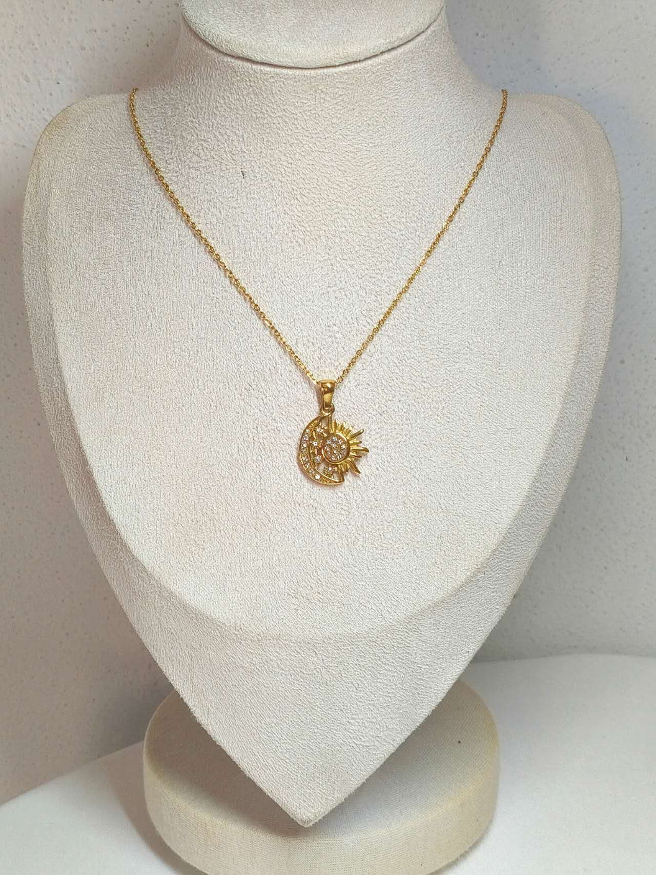 18K Gold Plated Stainless Steel Sun Moon Star Pendant Necklace Pave CZ Crystal Adjustable Chain