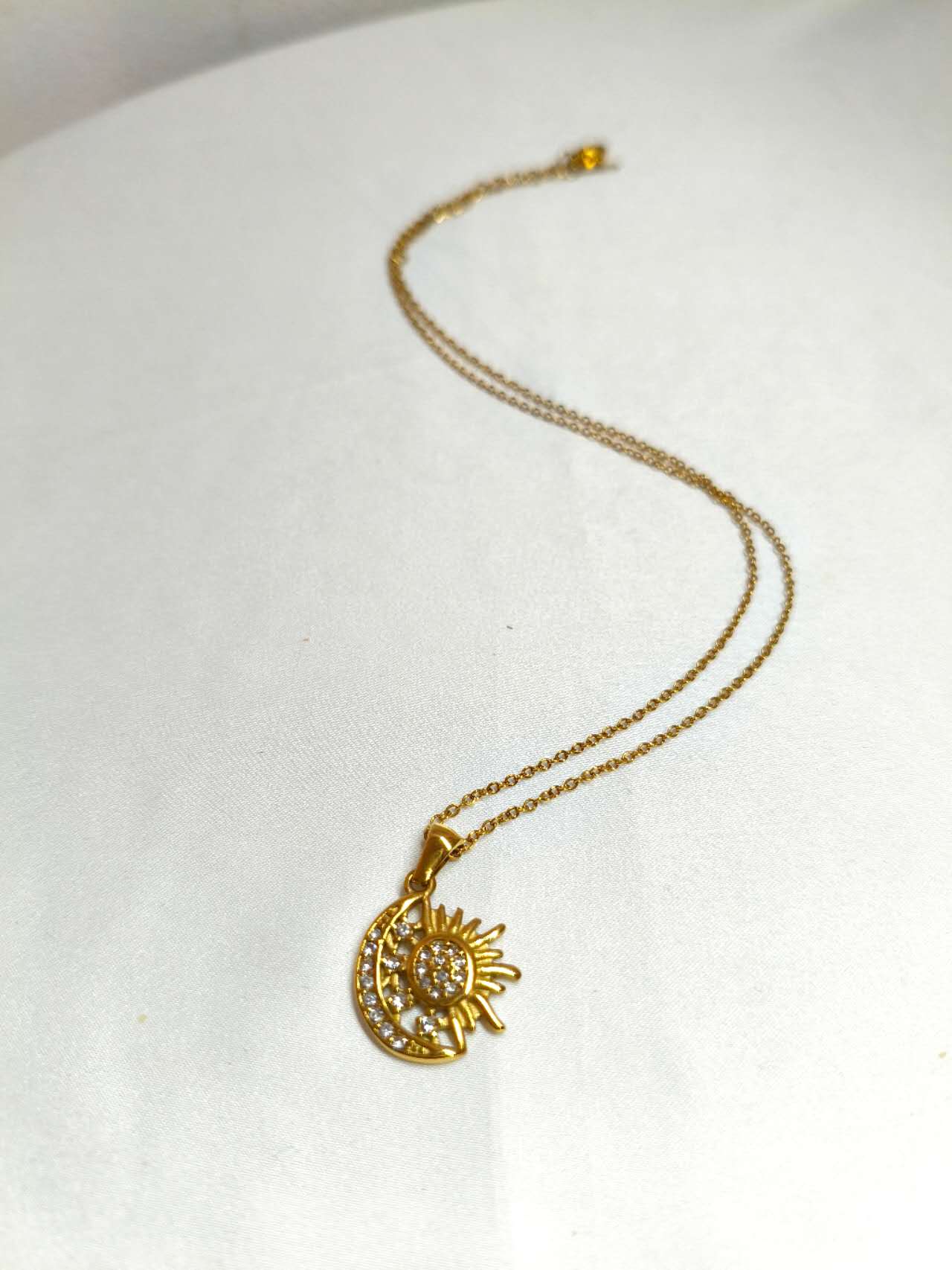 18K Gold Plated Stainless Steel Sun Moon Star Pendant Necklace Pave CZ Crystal Adjustable Chain