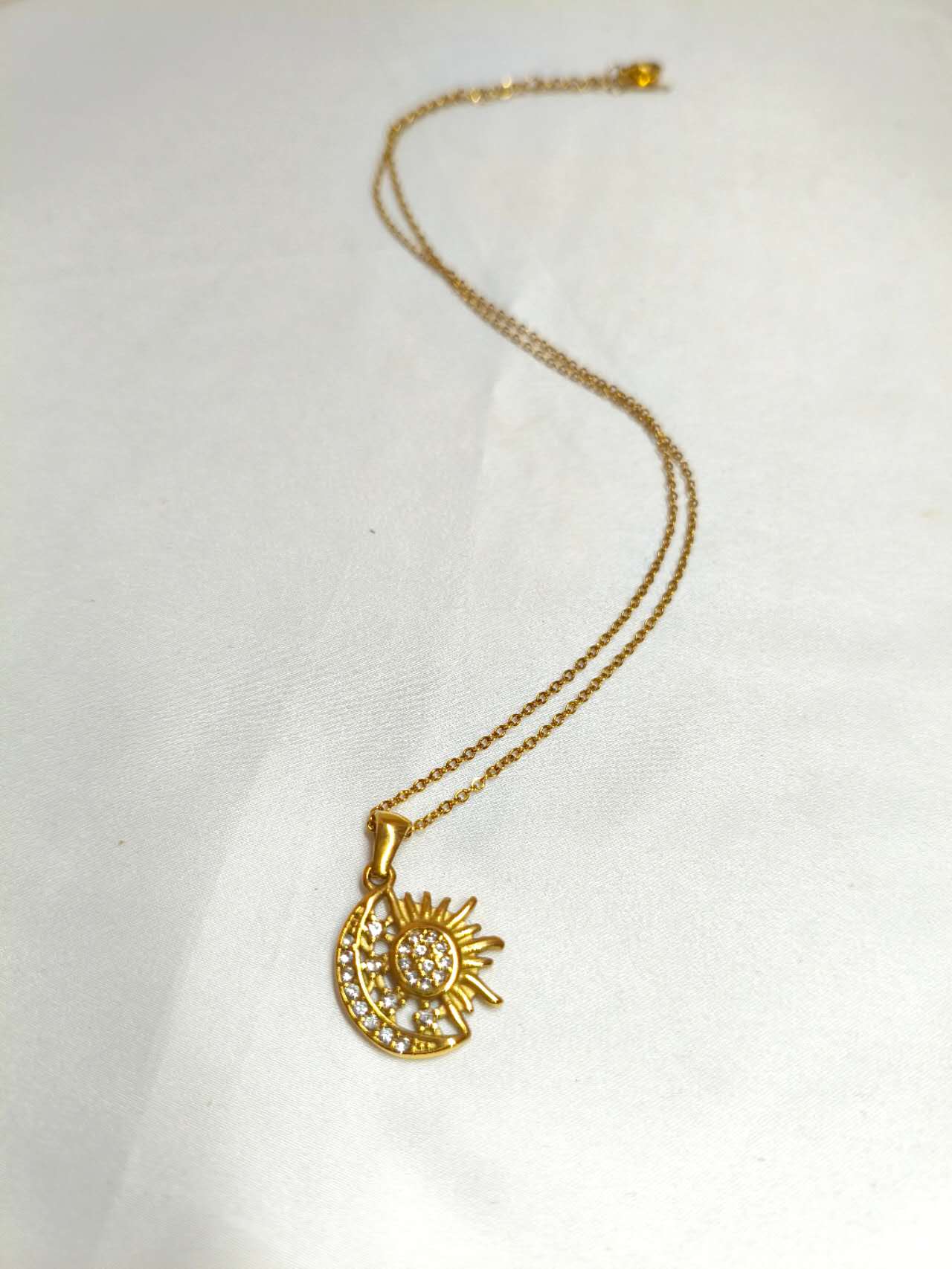 18K Gold Plated Stainless Steel Sun Moon Star Pendant Necklace Pave CZ Crystal Adjustable Chain
