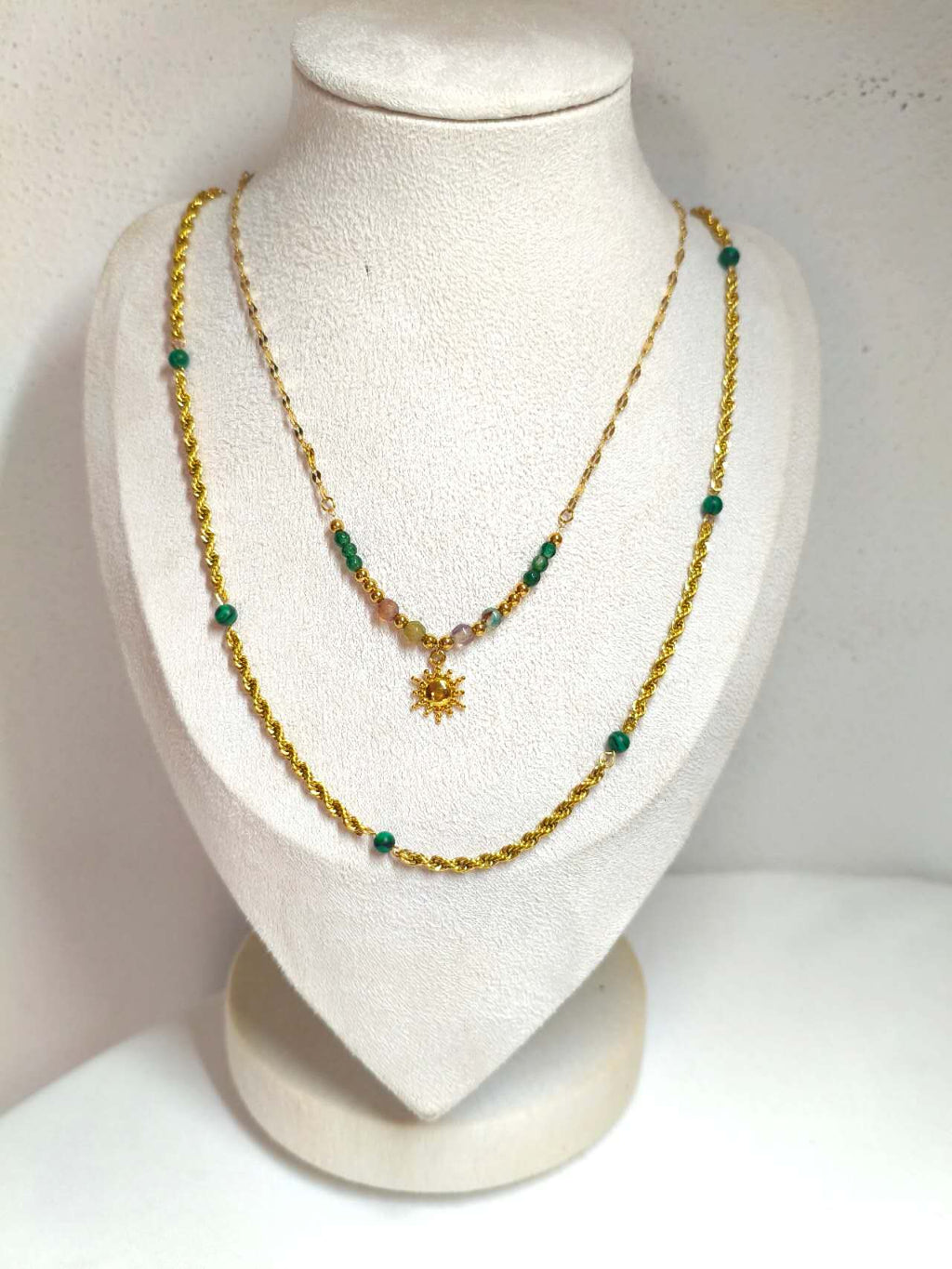 2Pcs Layered Stackable Necklace Set Natural Malachite Green Stone Sun Pendant 18K Gold Plated Stainless Steel Twisted Rope Chain