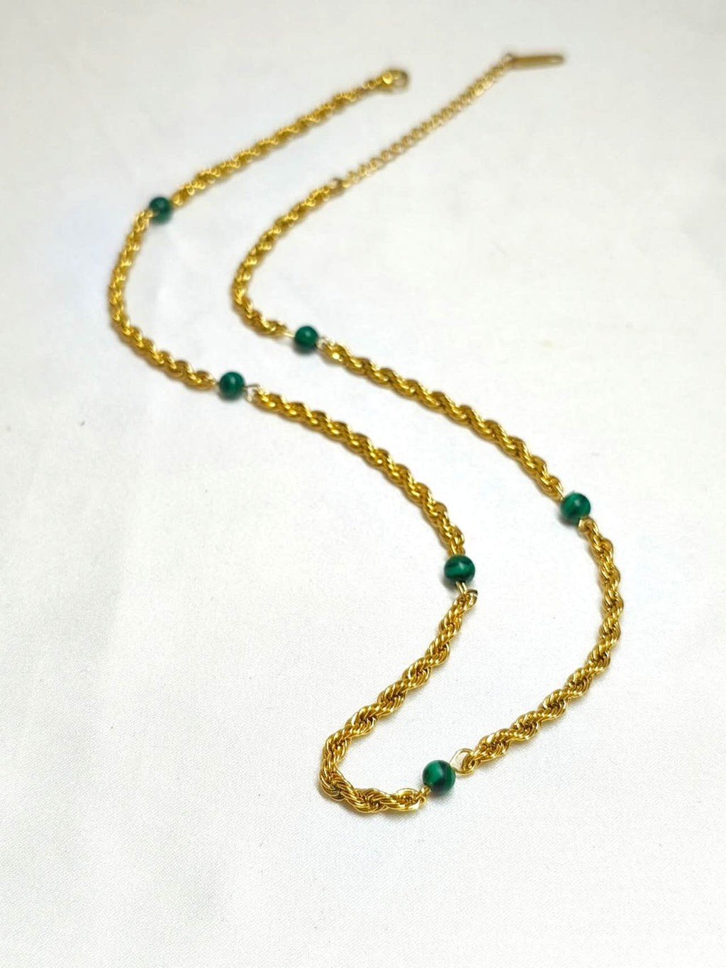 2Pcs Layered Stackable Necklace Set Natural Malachite Green Stone Sun Pendant 18K Gold Plated Stainless Steel Twisted Rope Chain