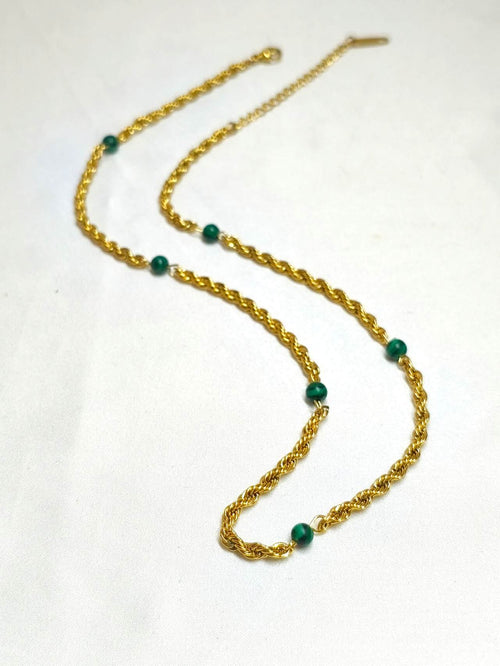 2Pcs Layered Stackable Necklace Set Natural Malachite Green Stone Sun Pendant 18K Gold Plated Stainless Steel Twisted Rope Chain