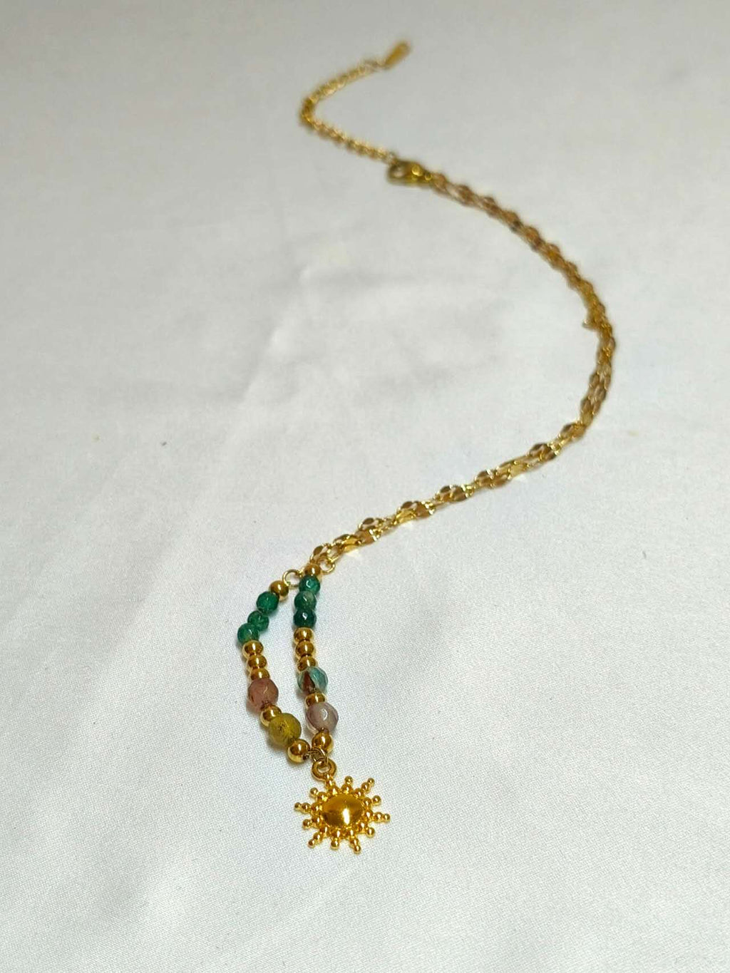2Pcs Layered Stackable Necklace Set Natural Malachite Green Stone Sun Pendant 18K Gold Plated Stainless Steel Twisted Rope Chain