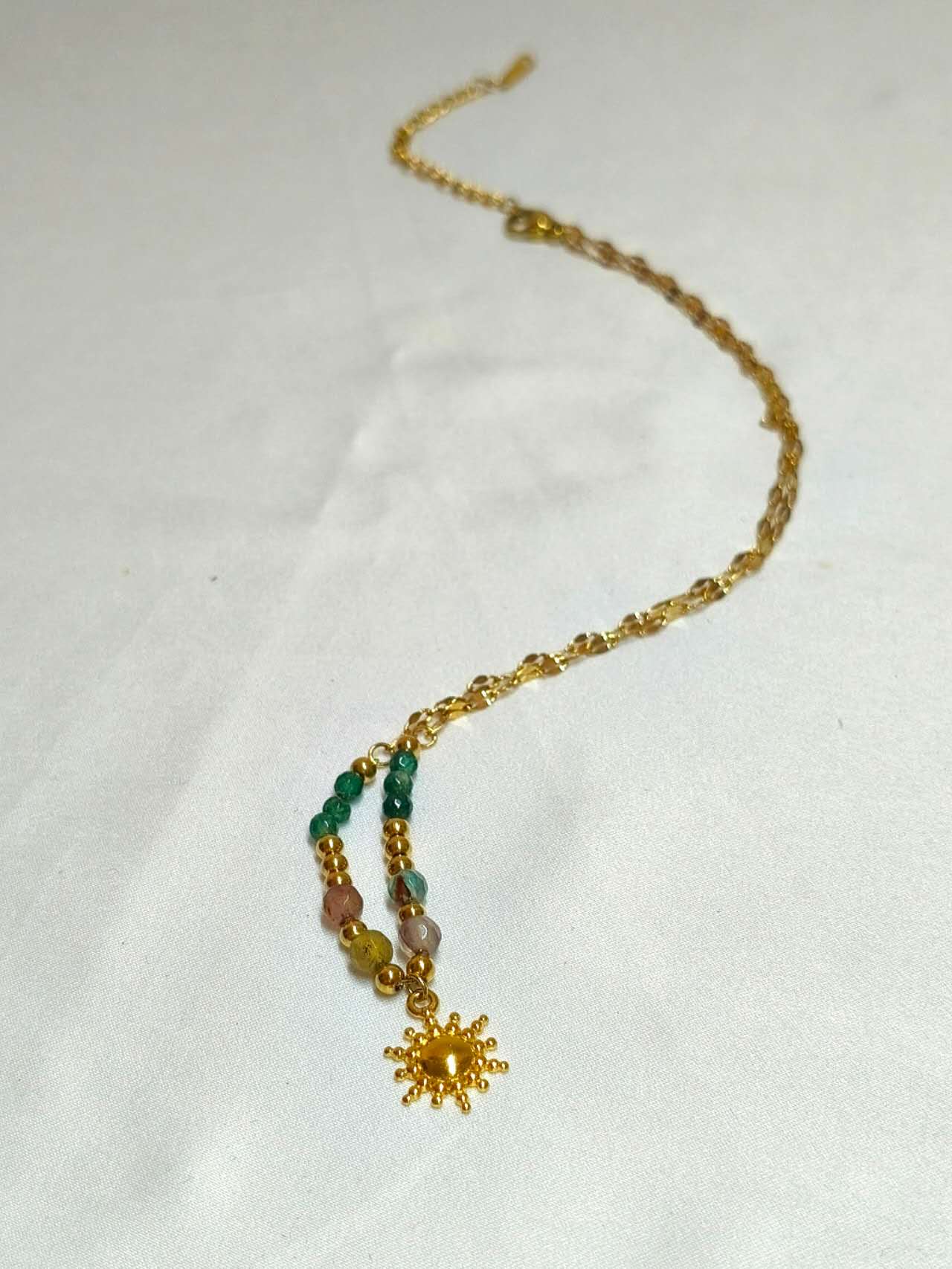 2Pcs Layered Stackable Necklace Set Natural Malachite Green Stone Sun Pendant 18K Gold Plated Stainless Steel Twisted Rope Chain