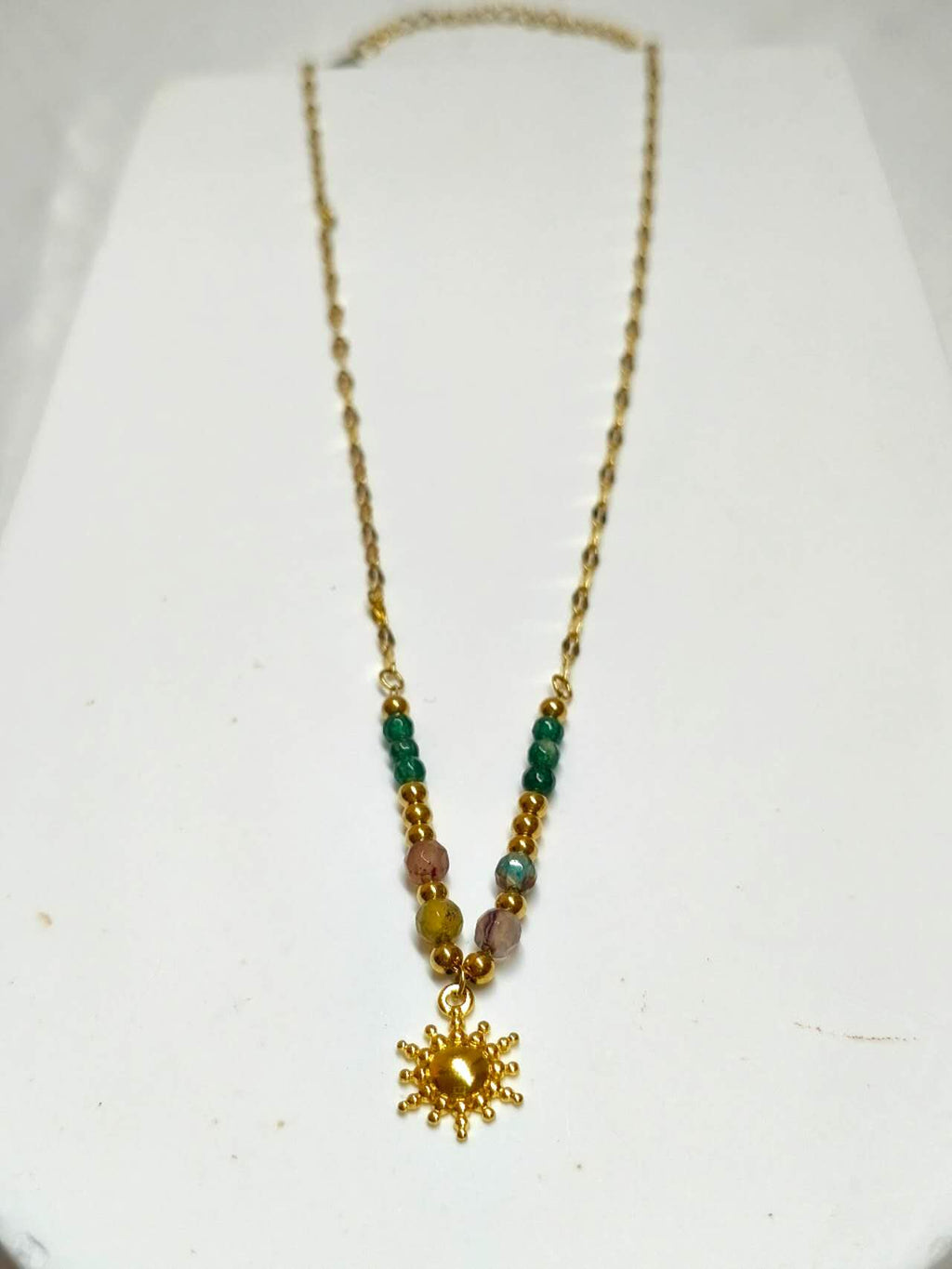 2Pcs Layered Stackable Necklace Set Natural Malachite Green Stone Sun Pendant 18K Gold Plated Stainless Steel Twisted Rope Chain