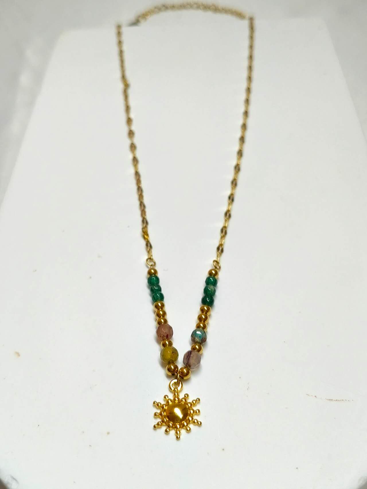 2Pcs Layered Stackable Necklace Set Natural Malachite Green Stone Sun Pendant 18K Gold Plated Stainless Steel Twisted Rope Chain