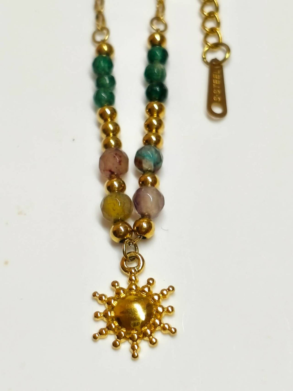 2Pcs Layered Stackable Necklace Set Natural Malachite Green Stone Sun Pendant 18K Gold Plated Stainless Steel Twisted Rope Chain