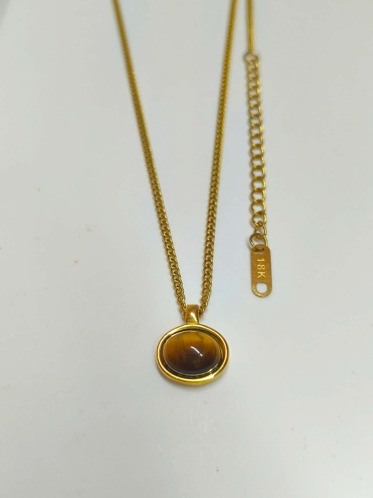 18K Gold Plated Stainless Steel Natural Tiger Eye Cabochon Pendant Necklace Dainty Curb Chain