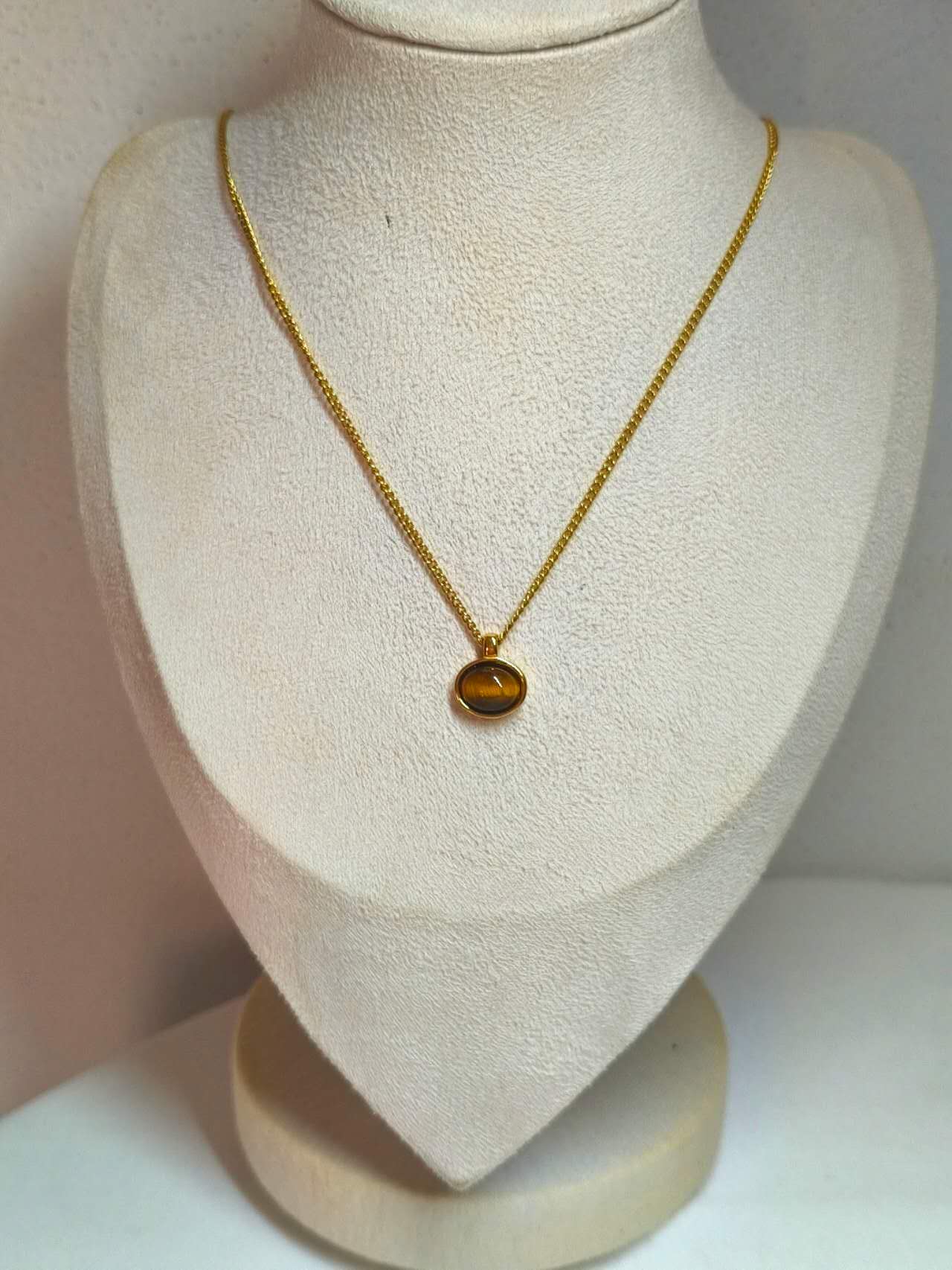 18K Gold Plated Stainless Steel Natural Tiger Eye Cabochon Pendant Necklace Dainty Curb Chain