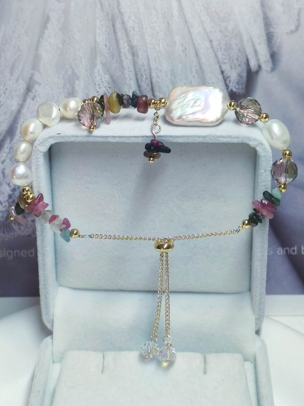 Handmade Natural Baroque Pearl Rice Pearl Multi Color Tourmaline Chip Bead Adjustable Slider Bracelet Boho