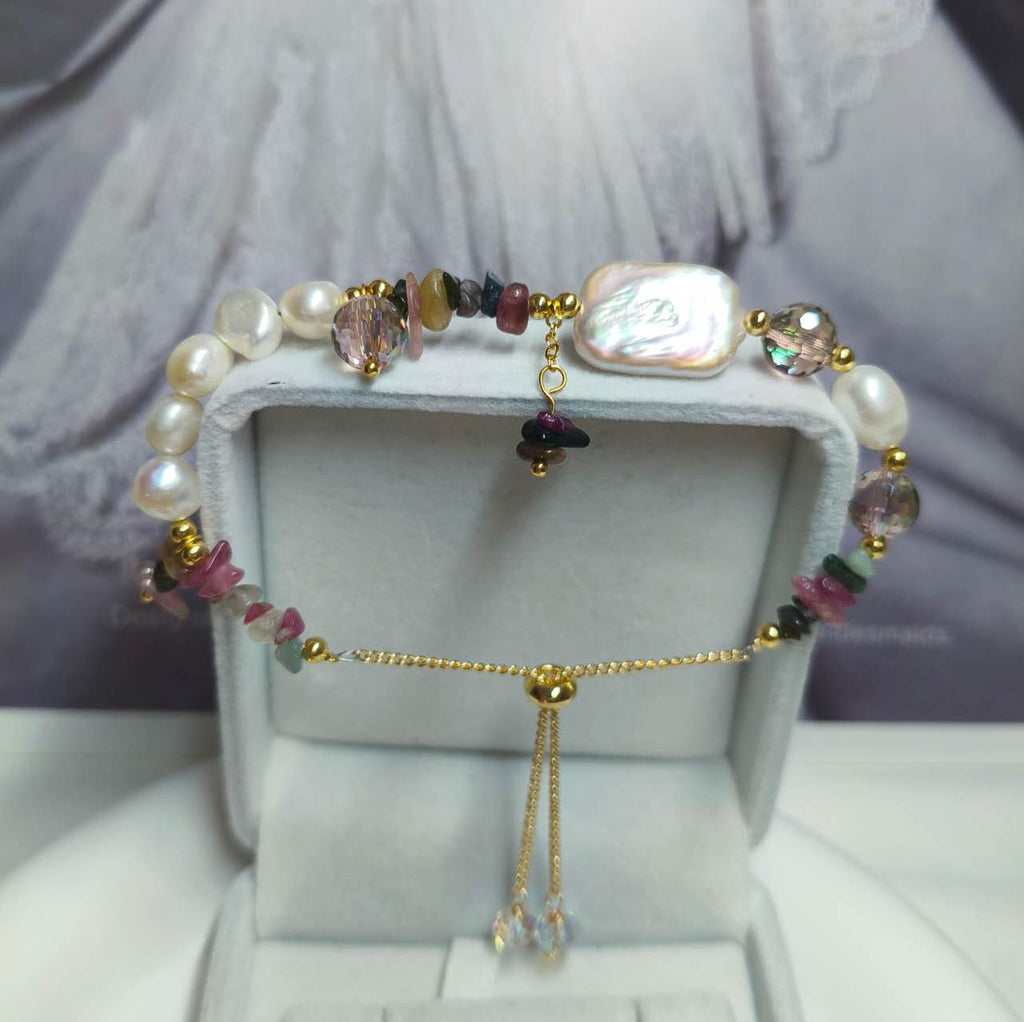 Handmade Natural Baroque Pearl Rice Pearl Multi Color Tourmaline Chip Bead Adjustable Slider Bracelet Boho