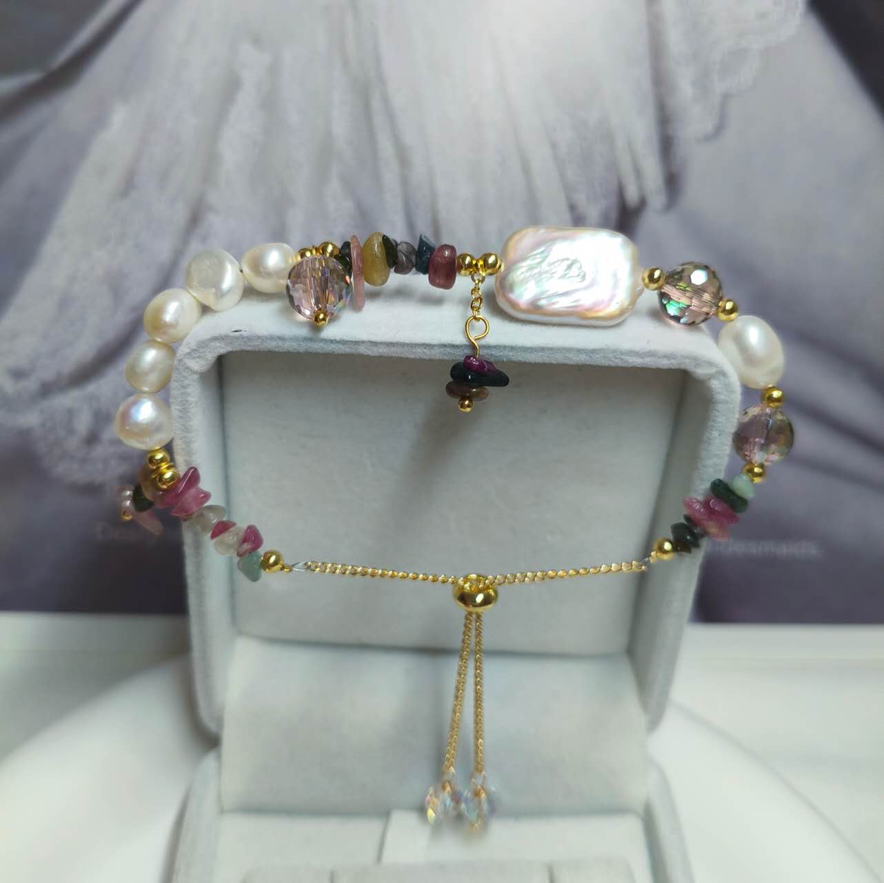 Handmade Natural Baroque Pearl Rice Pearl Multi Color Tourmaline Chip Bead Adjustable Slider Bracelet Boho