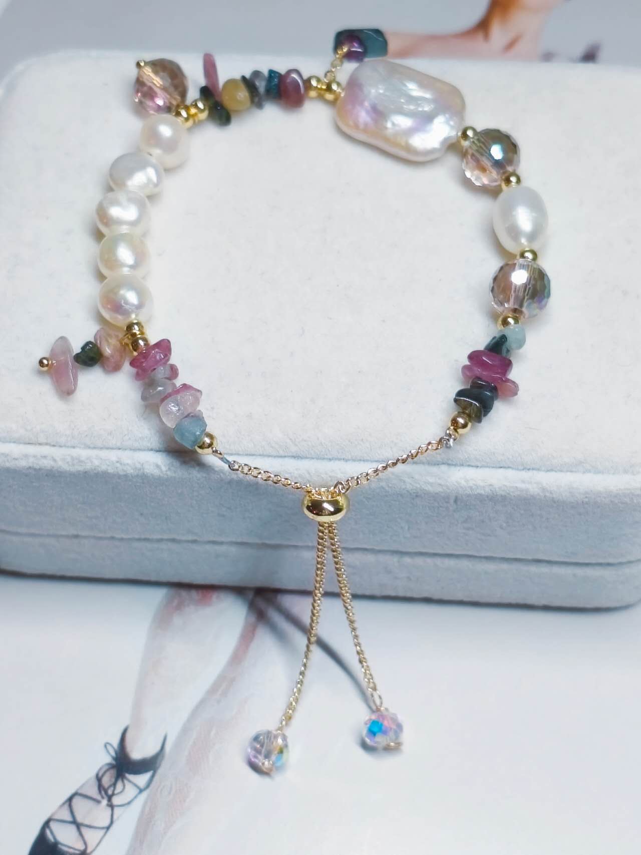 Handmade Natural Baroque Pearl Rice Pearl Multi Color Tourmaline Chip Bead Adjustable Slider Bracelet Boho
