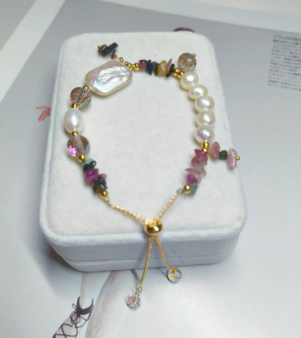 Handmade Natural Baroque Pearl Rice Pearl Multi Color Tourmaline Chip Bead Adjustable Slider Bracelet Boho