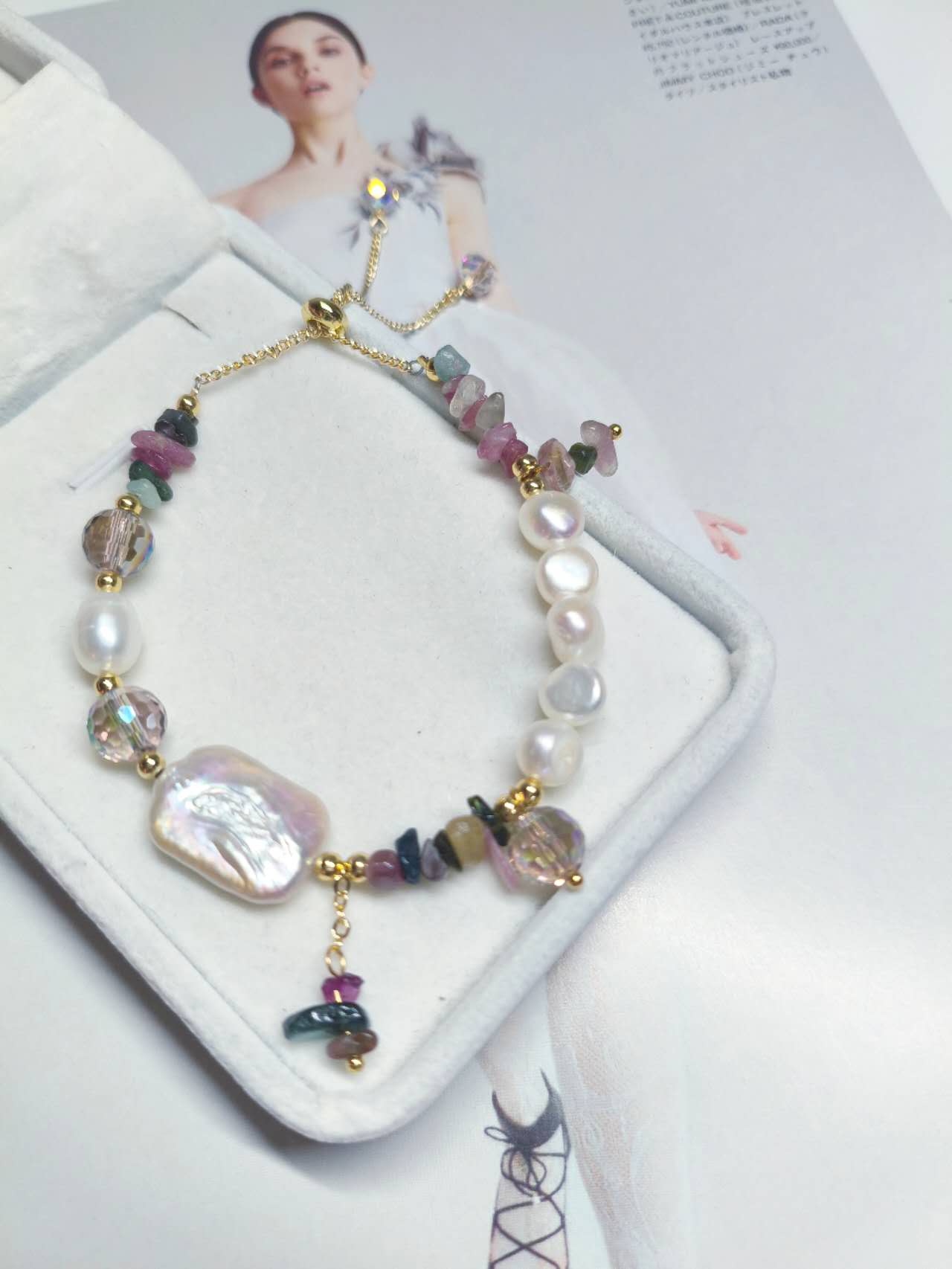 Handmade Natural Baroque Pearl Rice Pearl Multi Color Tourmaline Chip Bead Adjustable Slider Bracelet Boho