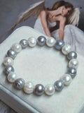 10mm White Grey Mixed Natural Freshwater Pearl Beaded Stretch Bracelet High Luster Round Baroque Pearl