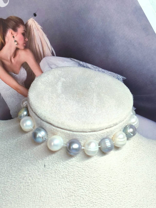 10mm White Grey Mixed Natural Freshwater Pearl Beaded Stretch Bracelet High Luster Round Baroque Pearl