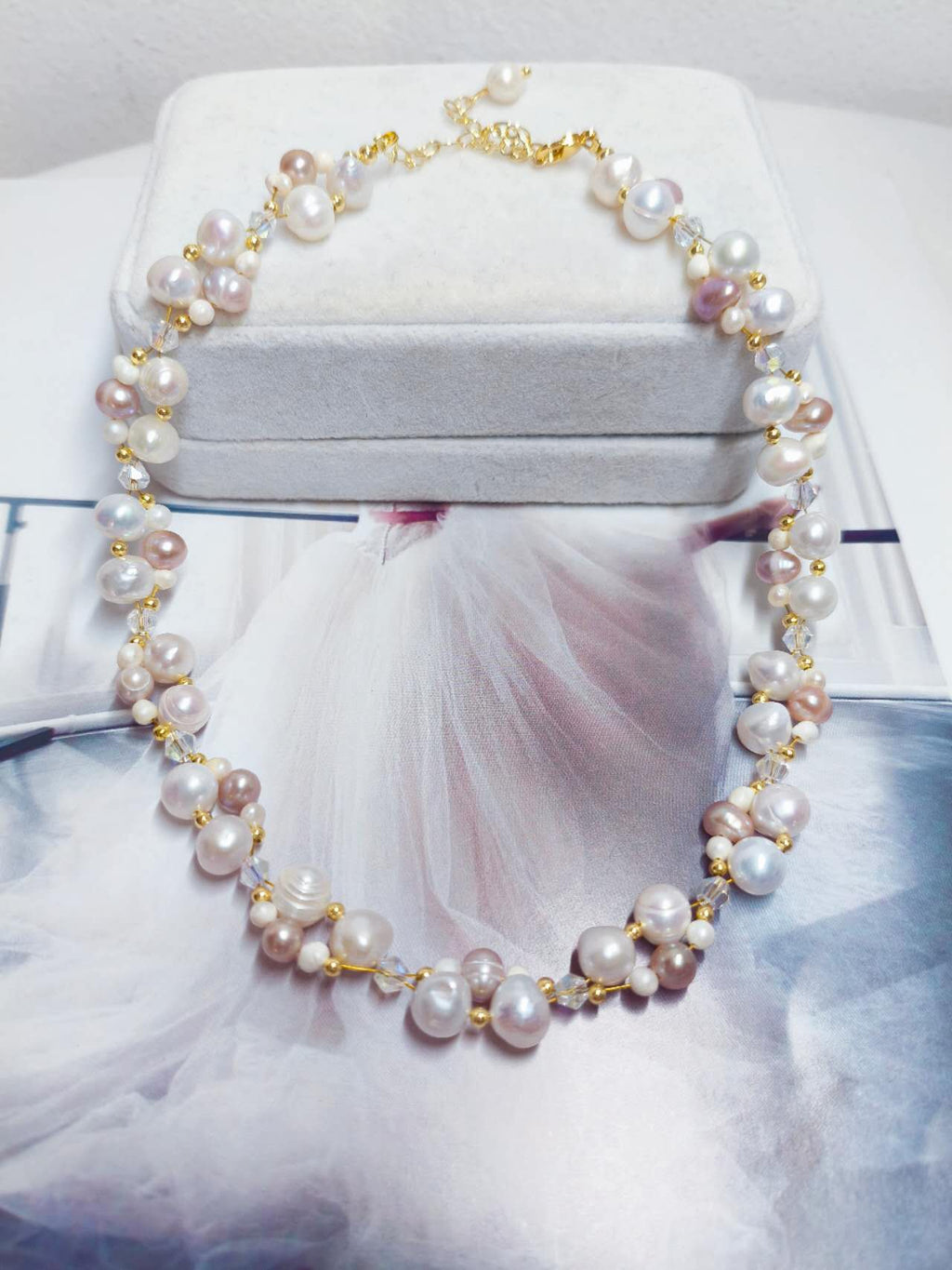 Hand Knitted Multicolor White Pink Lavender Freshwater Pearl Necklace Natural Irregular Pearl AB Crystal Bead Choker