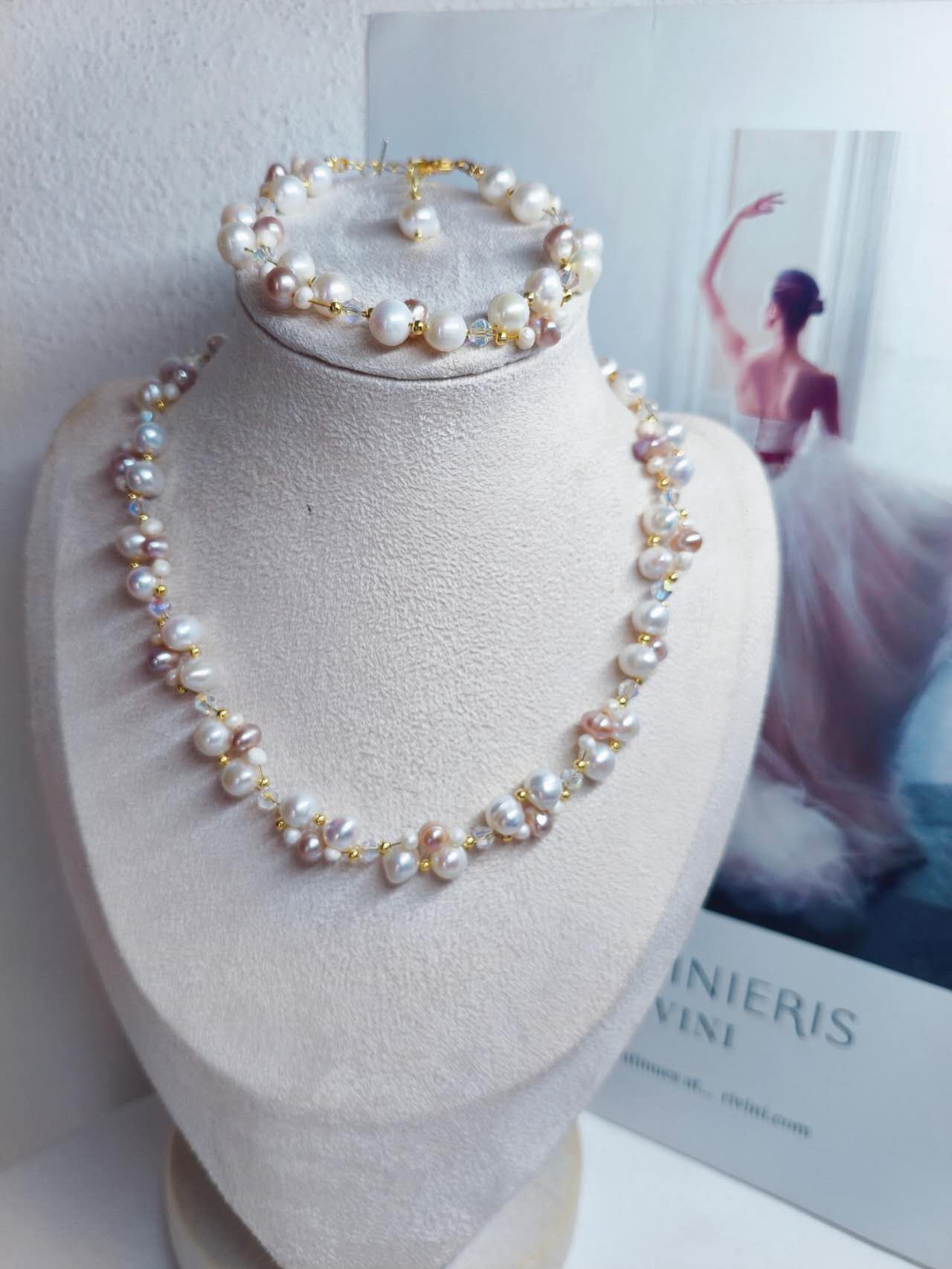 Hand Knitted Multicolor White Pink Lavender Freshwater Pearl Necklace Natural Irregular Pearl AB Crystal Bead Choker