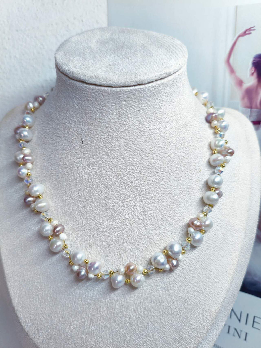 Hand Knitted Multicolor White Pink Lavender Freshwater Pearl Necklace Natural Irregular Pearl AB Crystal Bead Choker