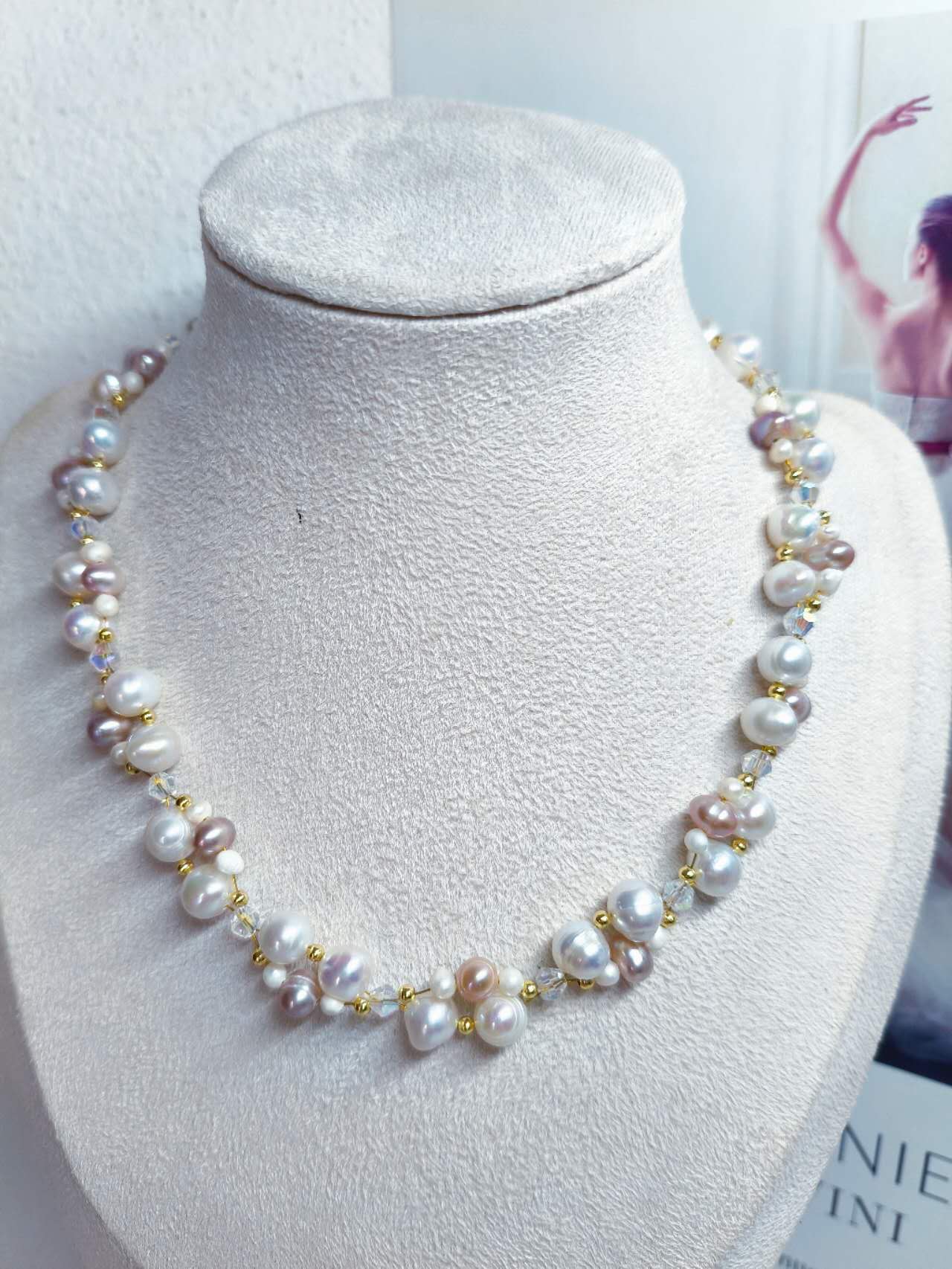 Hand Knitted Multicolor White Pink Lavender Freshwater Pearl Necklace Natural Irregular Pearl AB Crystal Bead Choker