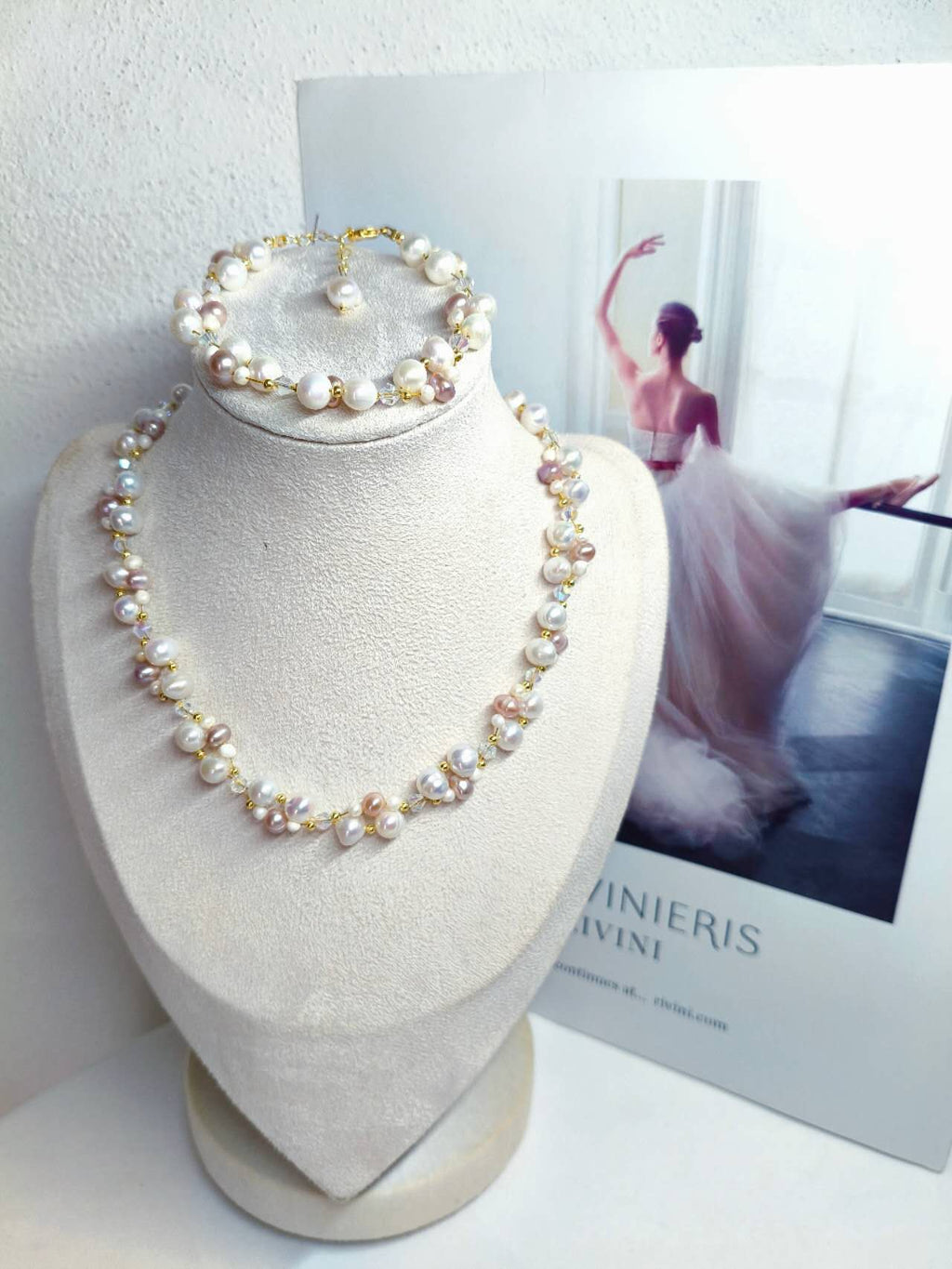 Hand Knitted Multicolor White Pink Lavender Freshwater Pearl Necklace Natural Irregular Pearl AB Crystal Bead Choker