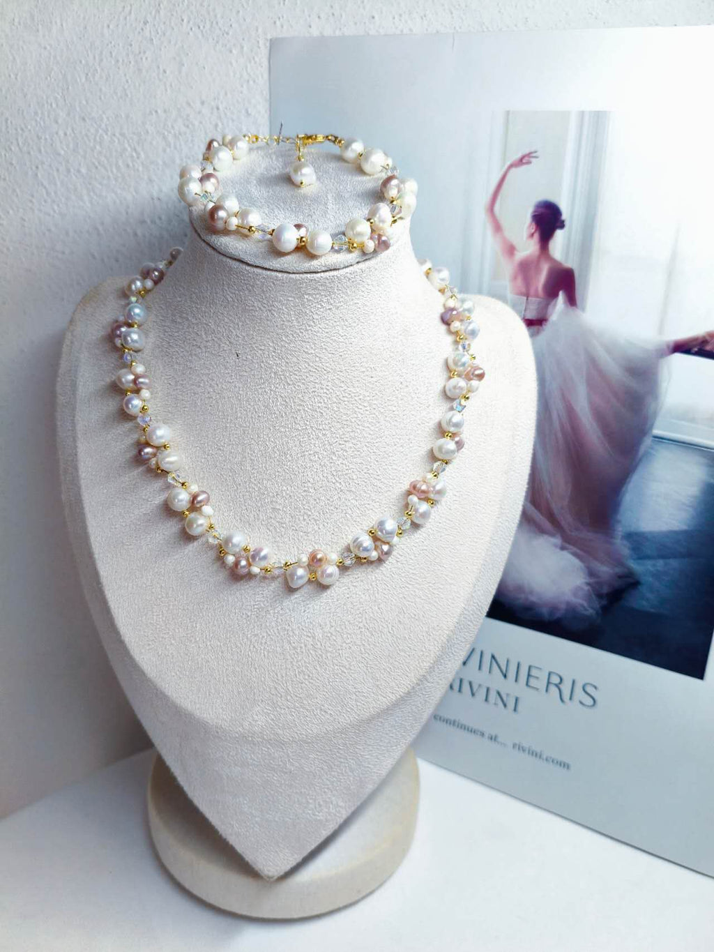 Hand Knitted Multicolor White Pink Lavender Freshwater Pearl Necklace Natural Irregular Pearl AB Crystal Bead Choker