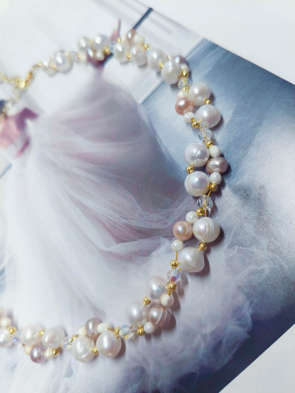 Hand Knitted Multicolor White Pink Lavender Freshwater Pearl Necklace Natural Irregular Pearl AB Crystal Bead Choker