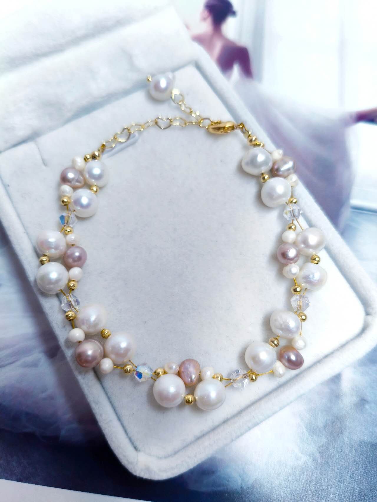 Handmade Braided White Pink Lavender Freshwater Pearl Bracelet AB Crystal Gold Plated Adjustable Extension Chain